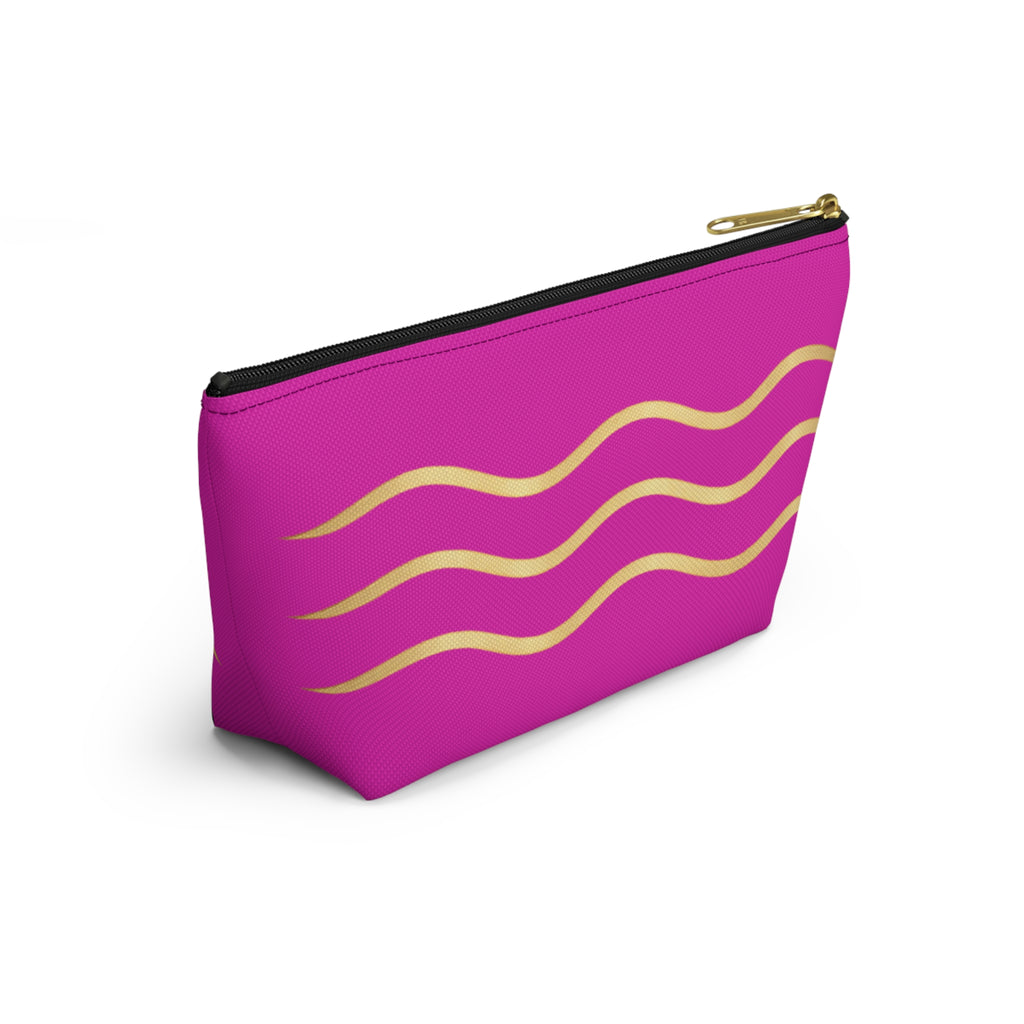 Pink Wave Accessory Pouch — Gold Wavy Stripe T‑Bottom Makeup Bag