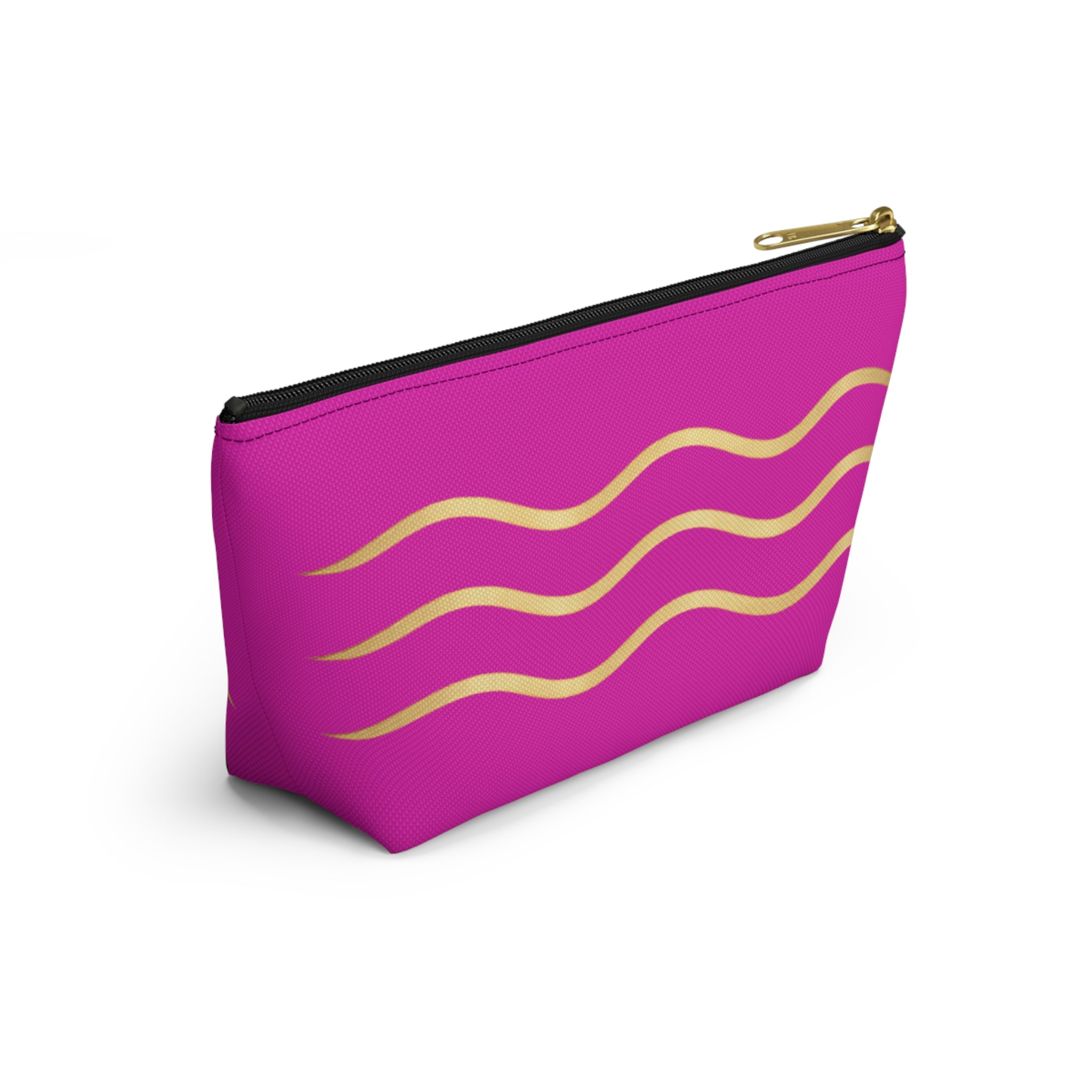 Pink Wave Accessory Pouch — Gold Wavy Stripe T‑Bottom Makeup Bag