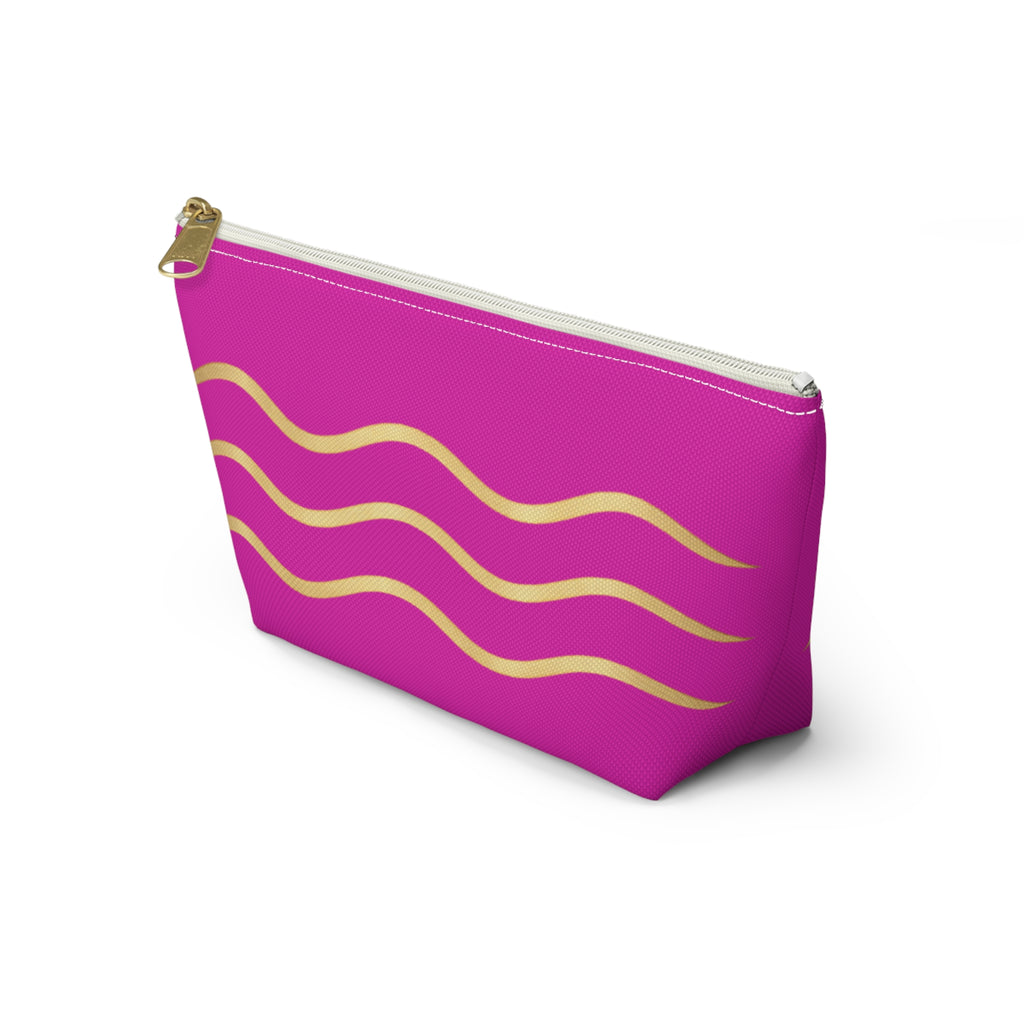 Pink Wave Accessory Pouch — Gold Wavy Stripe T‑Bottom Makeup Bag