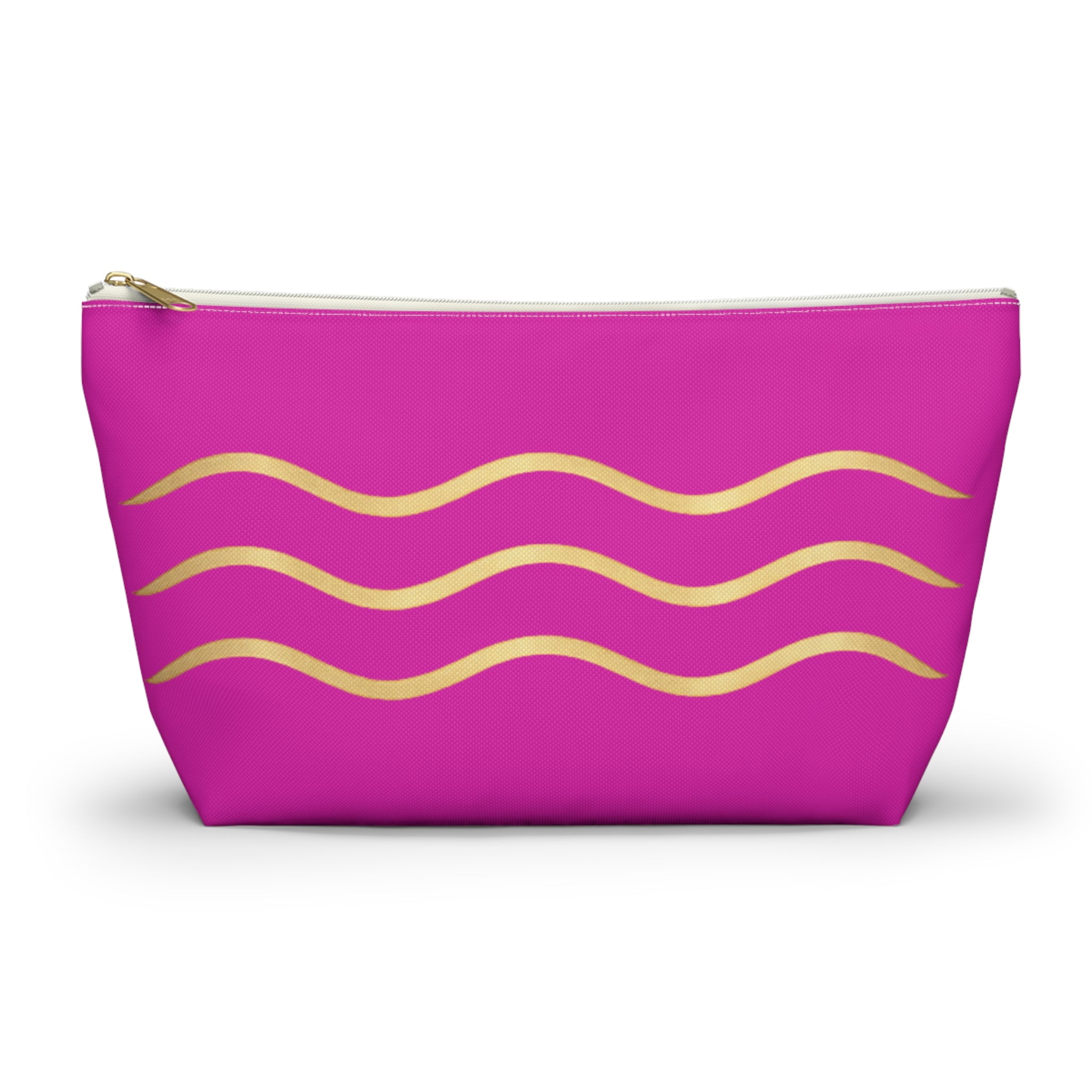 Pink Wave Accessory Pouch — Gold Wavy Stripe T‑Bottom Makeup Bag