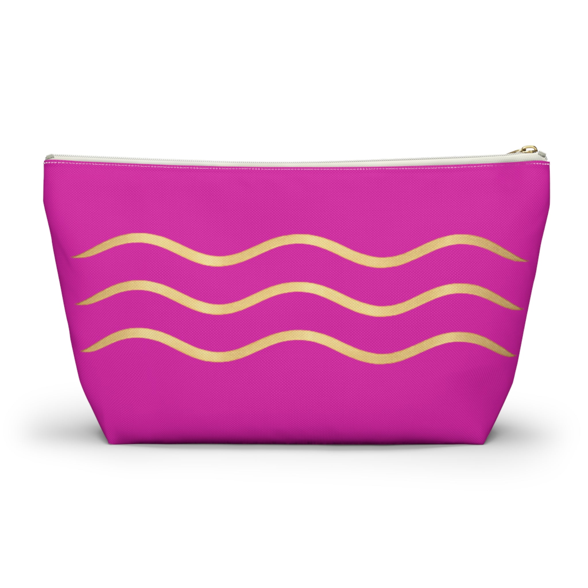 Pink Wave Accessory Pouch — Gold Wavy Stripe T‑Bottom Makeup Bag