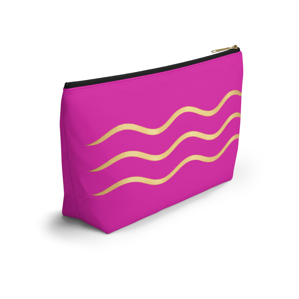 Pink Wave Accessory Pouch — Gold Wavy Stripe T‑Bottom Makeup Bag