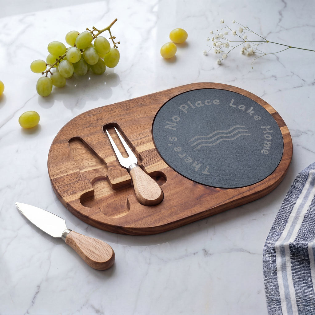 Engraved Acacia Charcuterie Board with Slate Insert & Cheese Knives – “There’s No Place Lake Home”