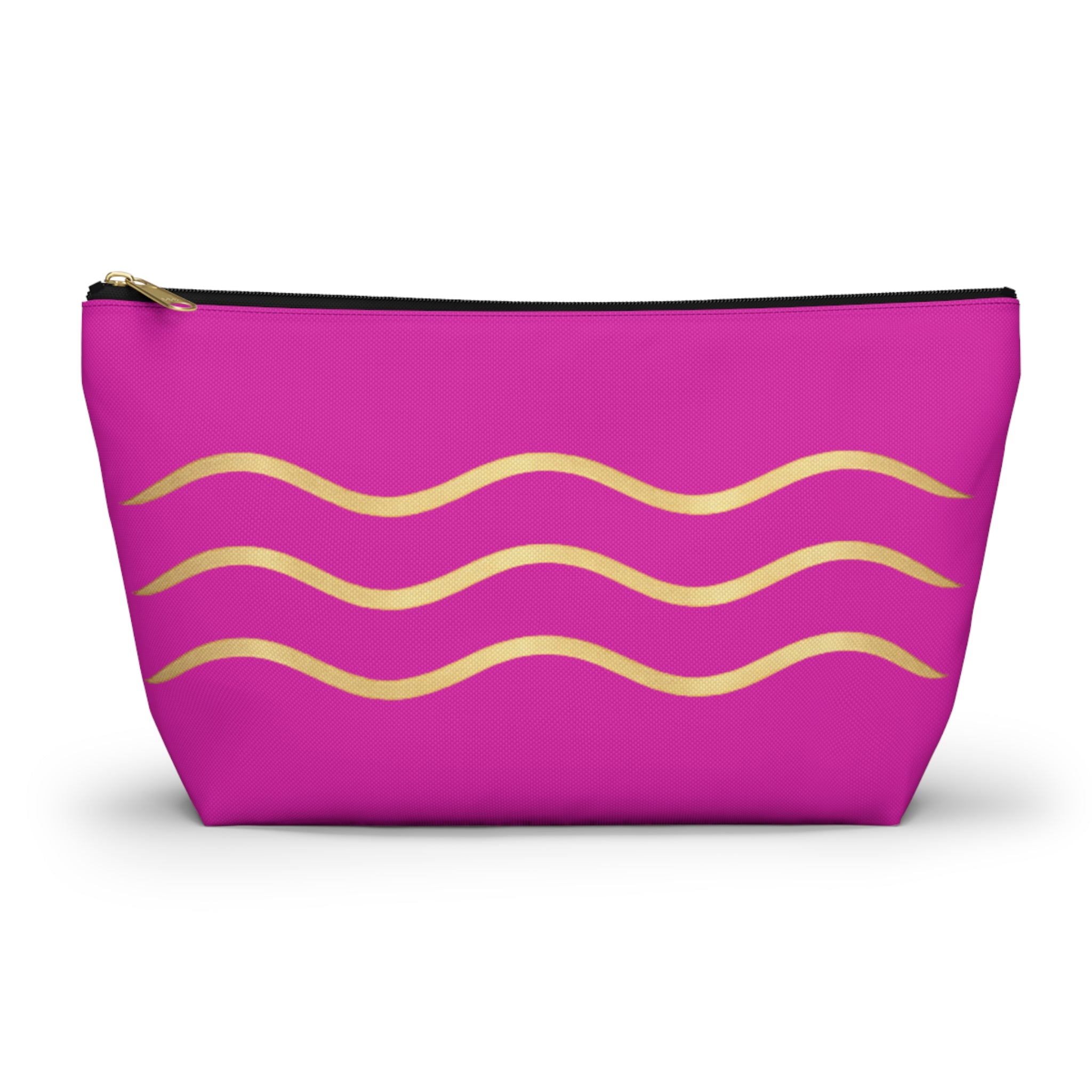 Pink Wave Accessory Pouch — Gold Wavy Stripe T‑Bottom Makeup Bag