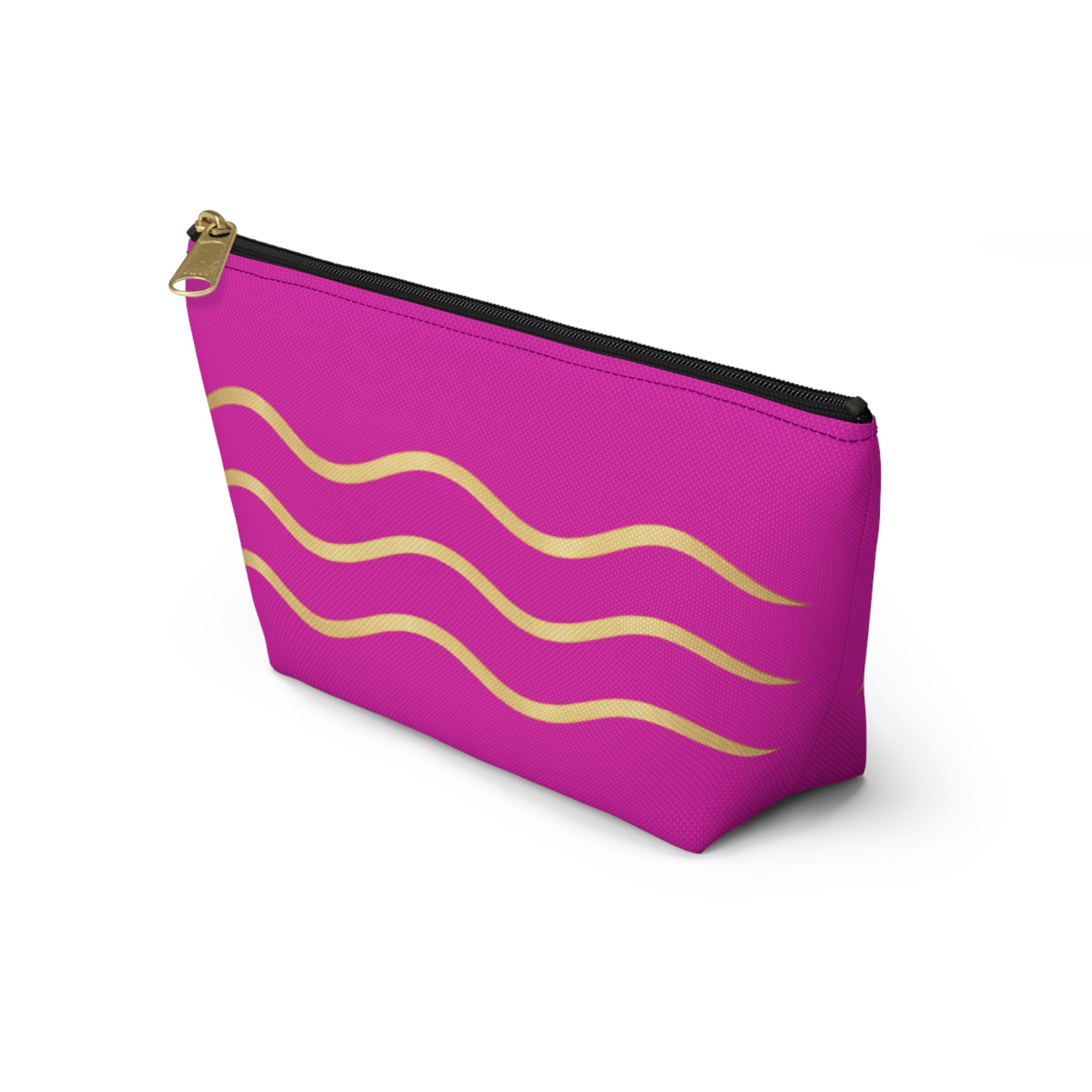 Pink Wave Accessory Pouch — Gold Wavy Stripe T‑Bottom Makeup Bag