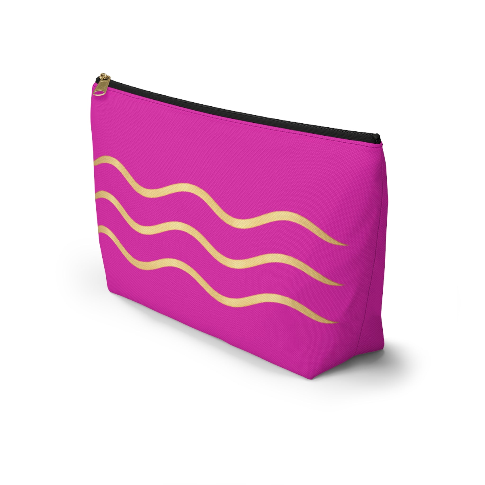 Pink Wave Accessory Pouch — Gold Wavy Stripe T‑Bottom Makeup Bag