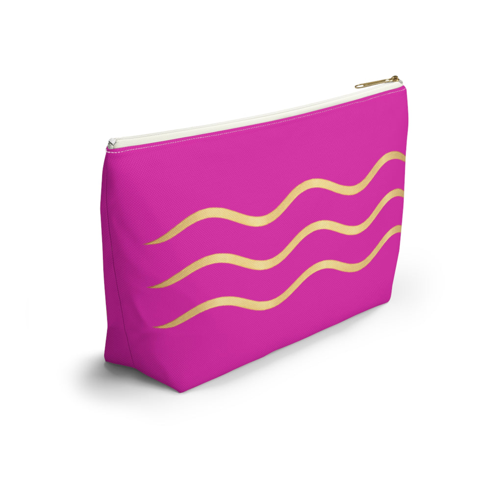 Pink Wave Accessory Pouch — Gold Wavy Stripe T‑Bottom Makeup Bag