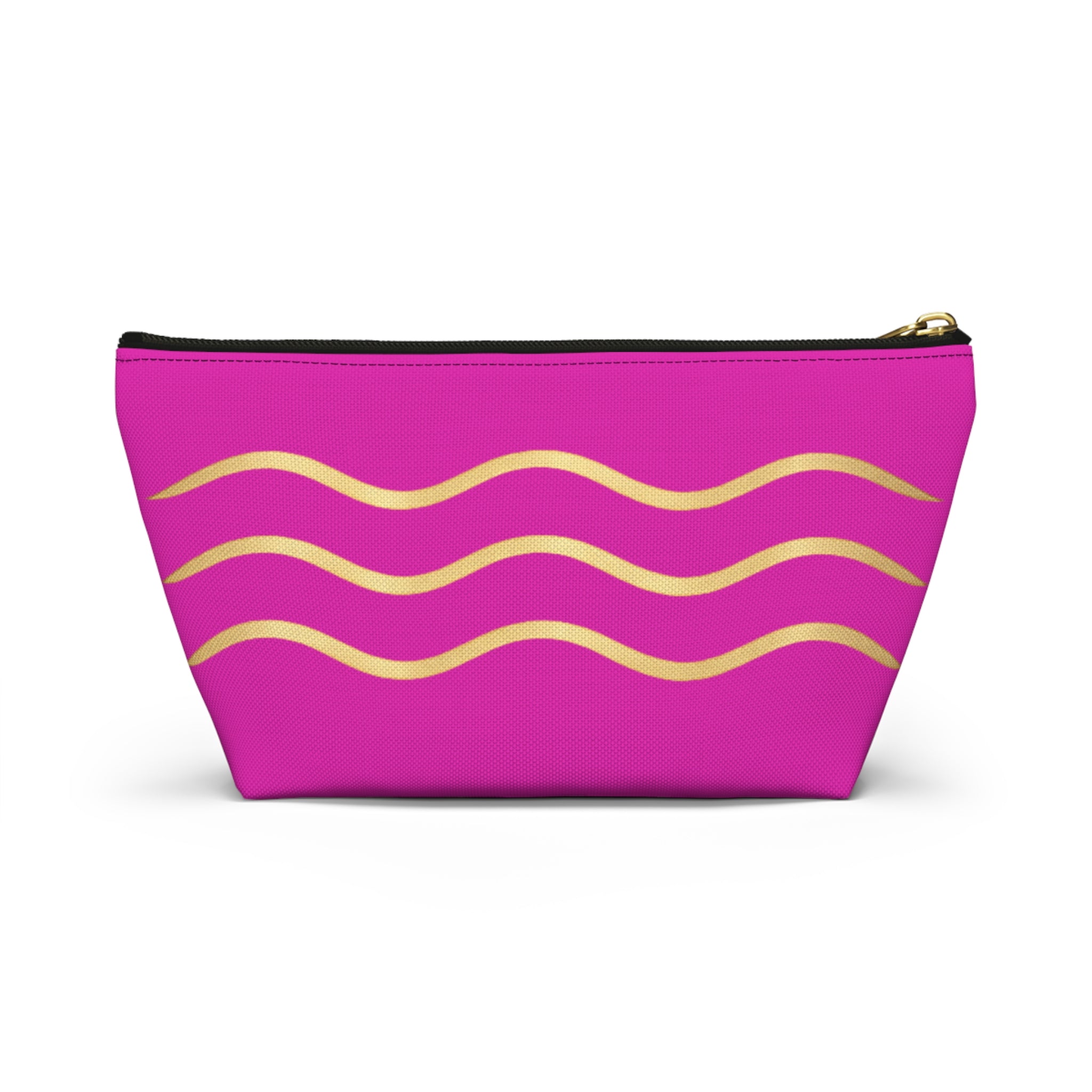 Pink Wave Accessory Pouch — Gold Wavy Stripe T‑Bottom Makeup Bag
