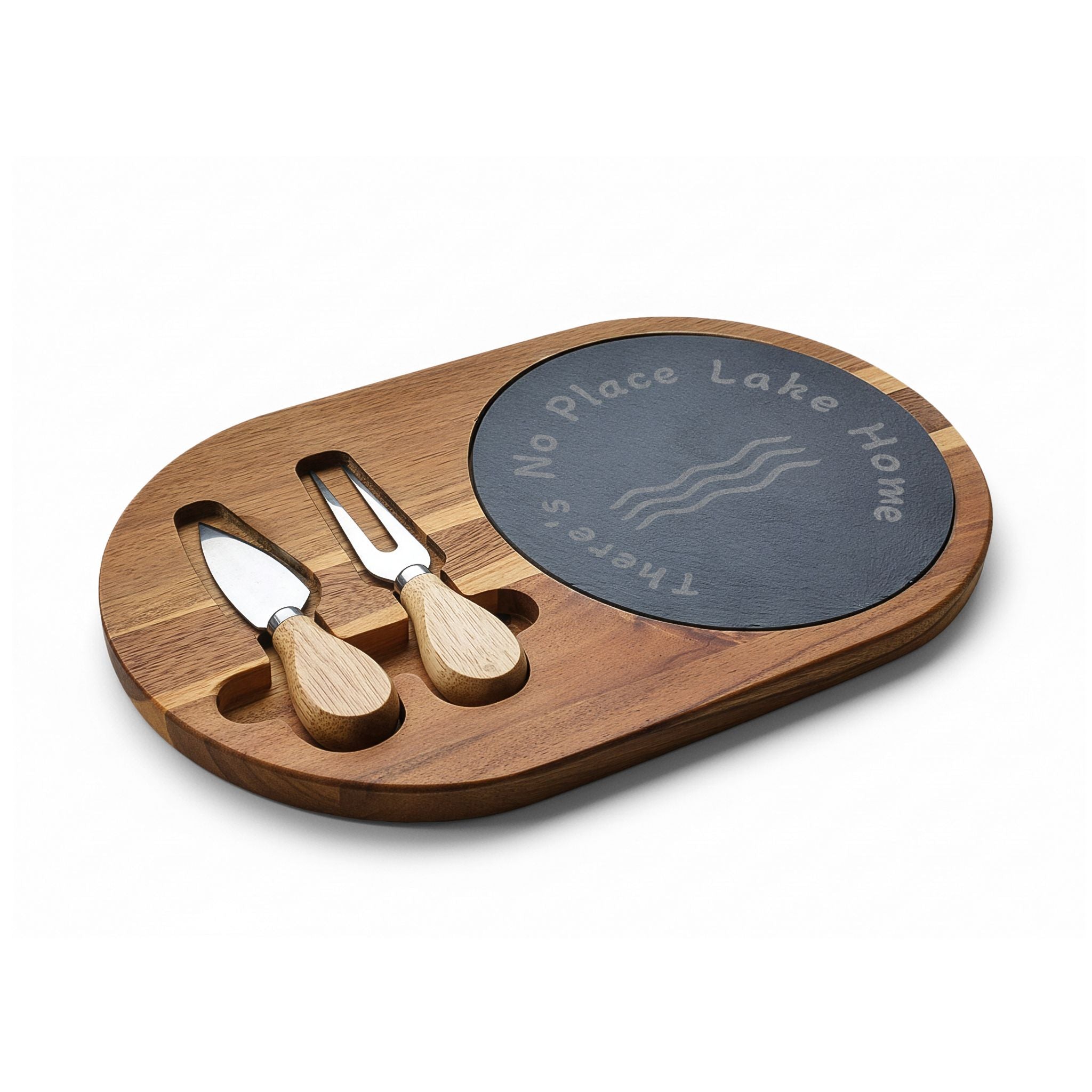 Engraved Acacia Charcuterie Board with Slate Insert & Cheese Knives – “There’s No Place Lake Home”