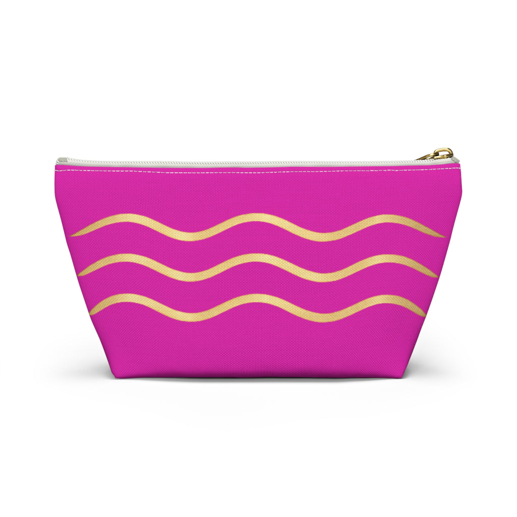 Pink Wave Accessory Pouch — Gold Wavy Stripe T‑Bottom Makeup Bag