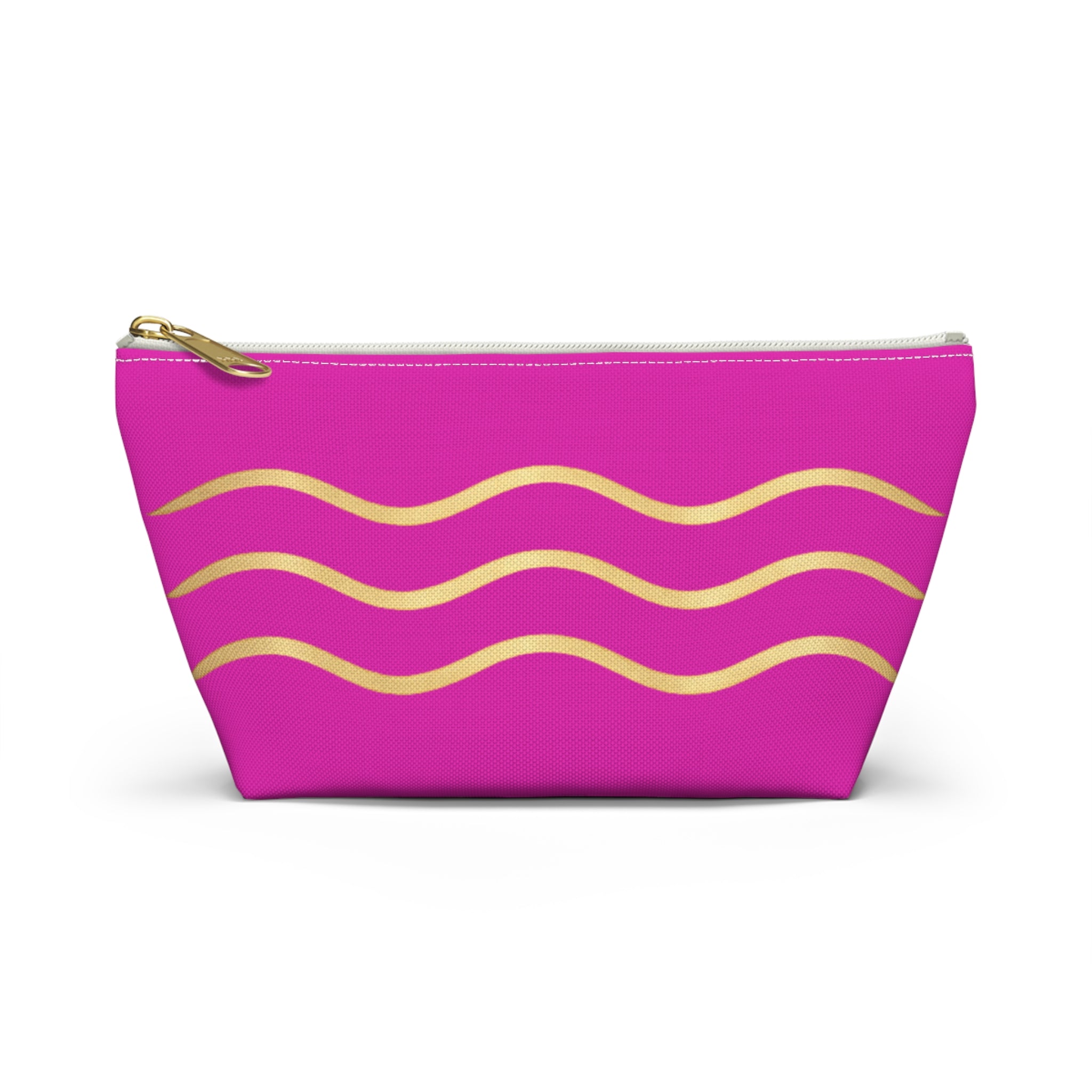 Pink Wave Accessory Pouch — Gold Wavy Stripe T‑Bottom Makeup Bag