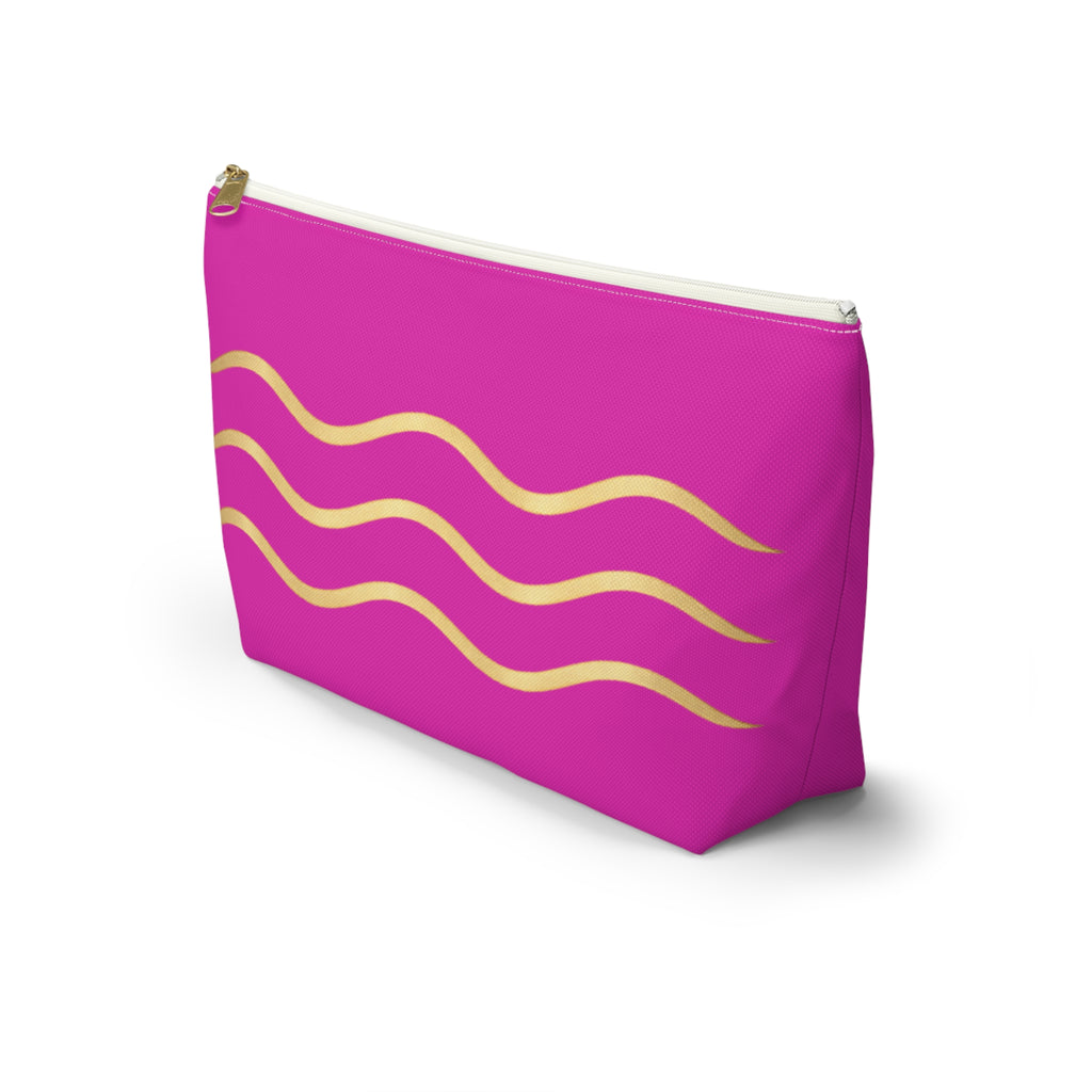 Pink Wave Accessory Pouch — Gold Wavy Stripe T‑Bottom Makeup Bag
