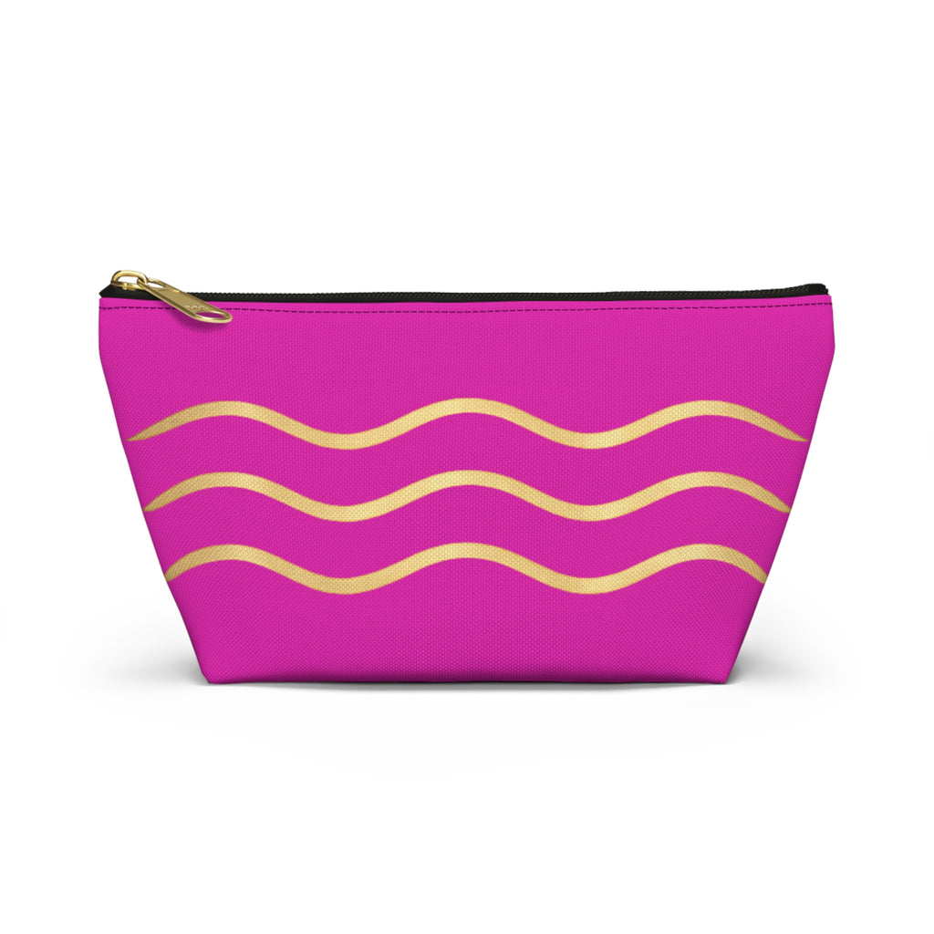 Pink Wave Accessory Pouch — Gold Wavy Stripe T‑Bottom Makeup Bag