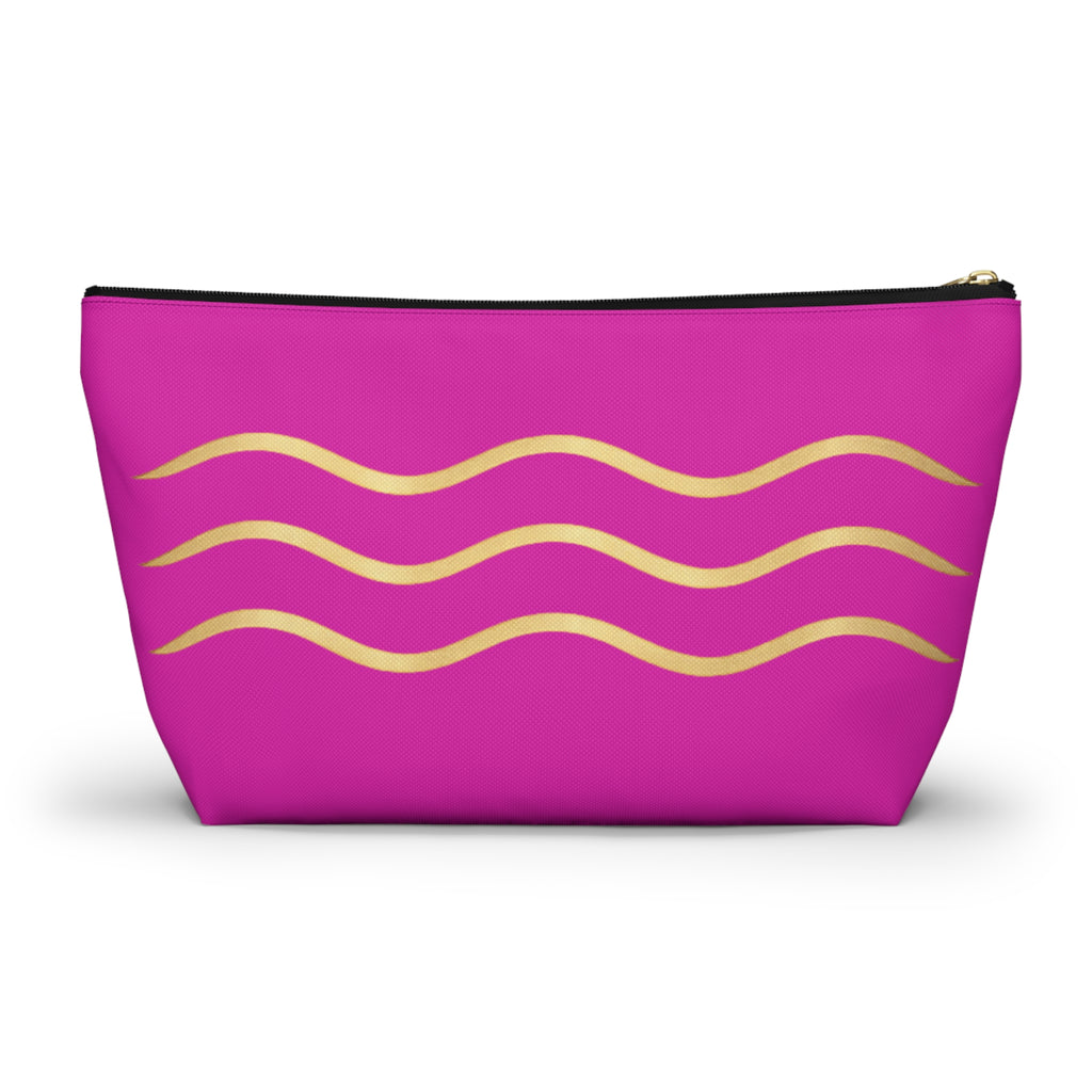 Pink Wave Accessory Pouch — Gold Wavy Stripe T‑Bottom Makeup Bag