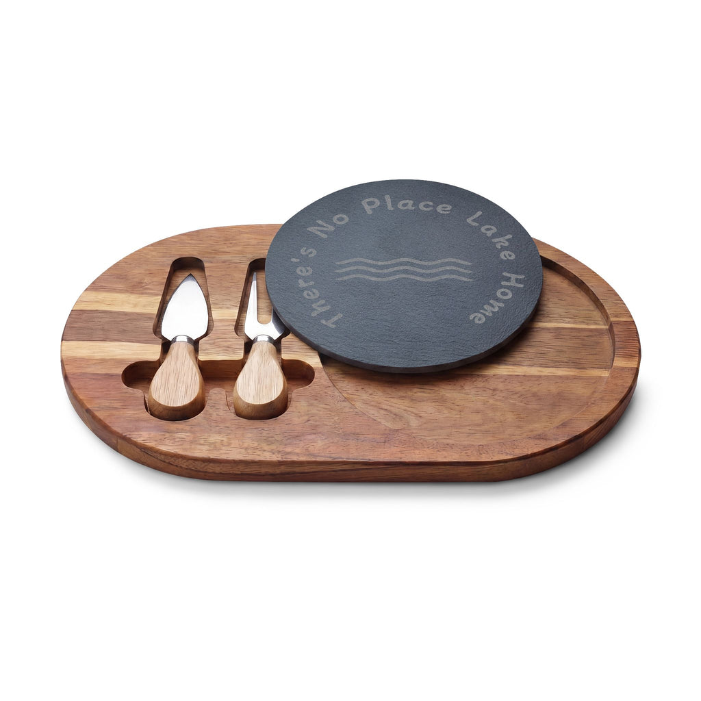 Engraved Acacia Charcuterie Board with Slate Insert & Cheese Knives – “There’s No Place Lake Home”
