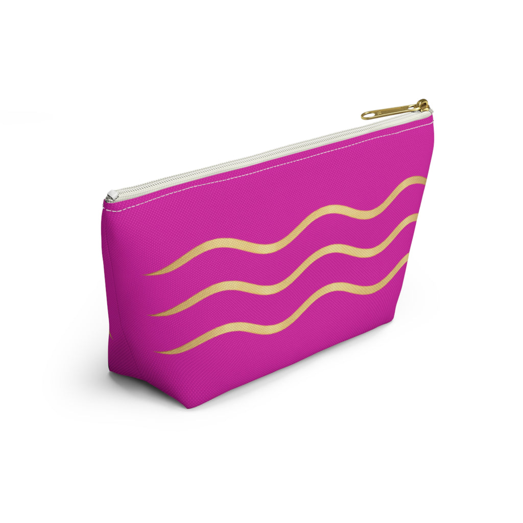 Pink Wave Accessory Pouch — Gold Wavy Stripe T‑Bottom Makeup Bag